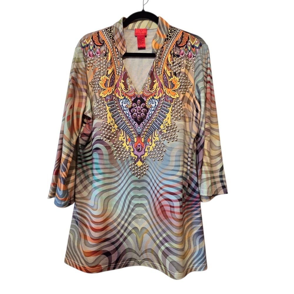 Cristina Studded Tunic Top Women's‎ XL Psychedelic Mod Hip Stretch Comfort Flowy